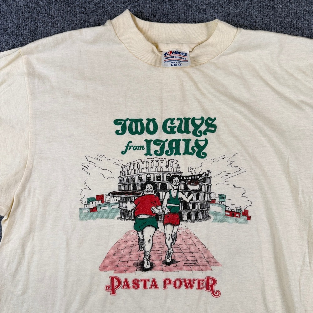 Vintage Two Guys From Italy T Shirt Mens L Rome Colosseum Italia Made in USA 80s